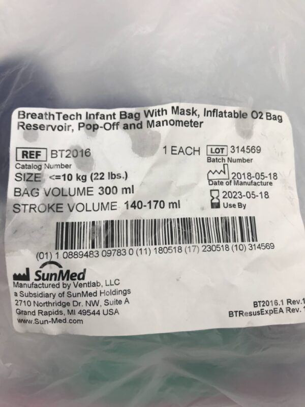 Ventlab BT2016 SunMed BreathTech Infant Bag with Mask, Inflatable O2 Bag Reservoir, Pop-Off and Manometer