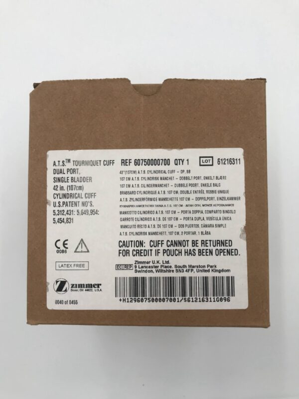 ZIMMER 60750000700 A.T.S. Tourniquet Cuff Dual Port, Single Bladder 42in, Reusable