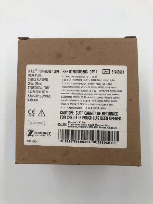 ZIMMER 60750000500 A.T.S. Tourniquet Cuff Dual Port, Single Bladder 30in.,Reusable