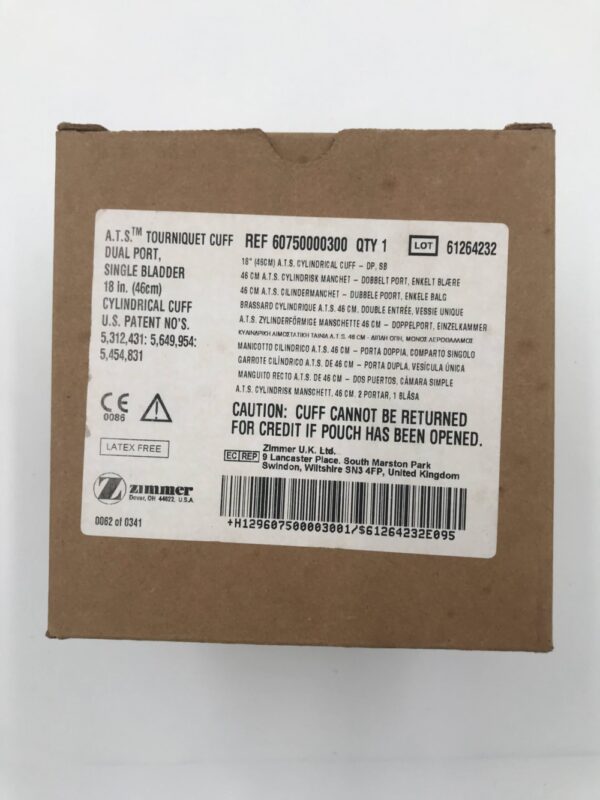 ZIMMER 60750000300 A.T.S. Tourniquet Cuff Dual Port, Single Bladder 18in. Cylindrical Cuff, Reusable