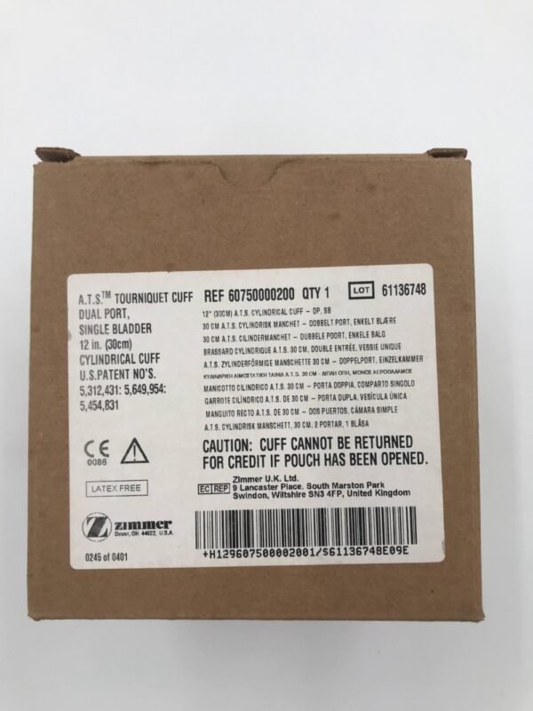 ZIMMER 60750000200 A.T.S. Tourniquet Cuff Dual Port, Single Bladder 12in. Cylindrical Cuff, Reusable