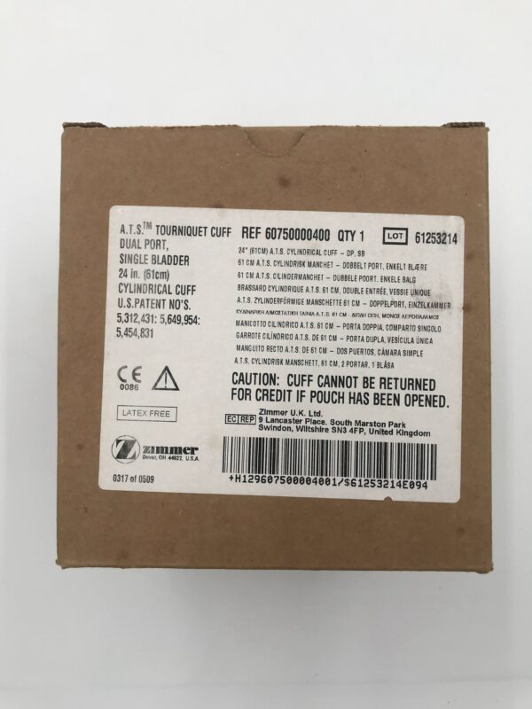 ZIMMER 60750000400 A.T.S. Tourniquet Cuff Dual Port, Single Bladder 24in., Reusable