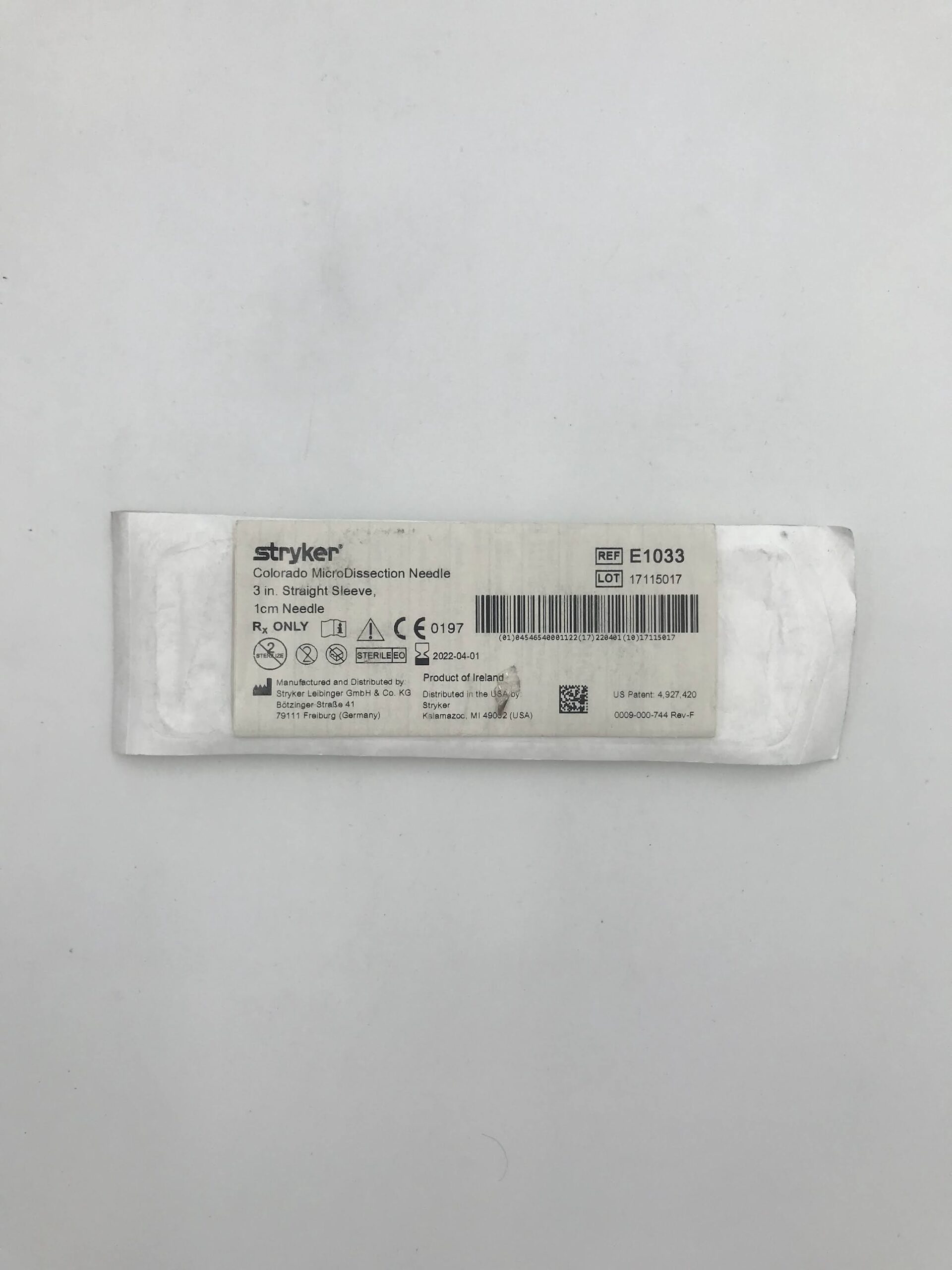 STRYKER E1033 Colorado MicroDissection Needle 3in Straight Sleeve, 1cm Needle