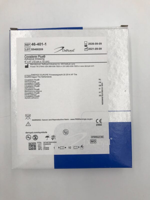 DEROYAL 46-401-1 Covaderm Plus Adhesive Dressing 4in x 4in (20/Case)