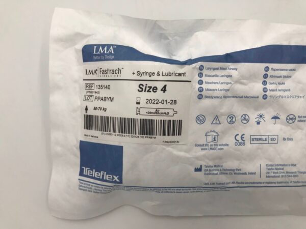TELEFLEX 135140 LMA Fastrach Single Use Laryngeal Mask Airway + Syringe & Lubricant Size 4 (X)