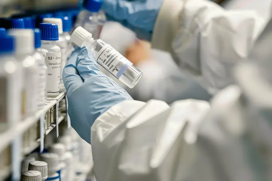 Close-up of a pharmacist checking injectable medication labels for safety and compliance.
