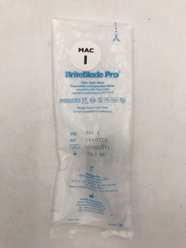 FLEXICARE 040-711U BriteBlade Pro Fiber Optic Metal Disposable Laryngoscope Blade MAC 1 (X)
