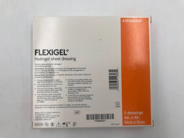SMITH & NEPHEW 59500200 Flexigel Hydrogel Sheet Dressing 4in x 4in (5/Box)