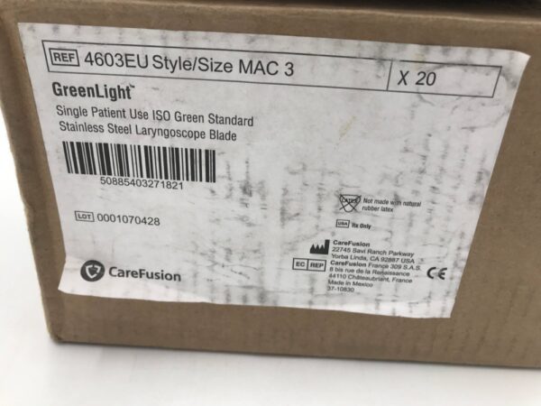 CAREFUSION 4603EU ISO Green Standard Stainless Steel Laryngoscope Blade MAC3 (20/Case)