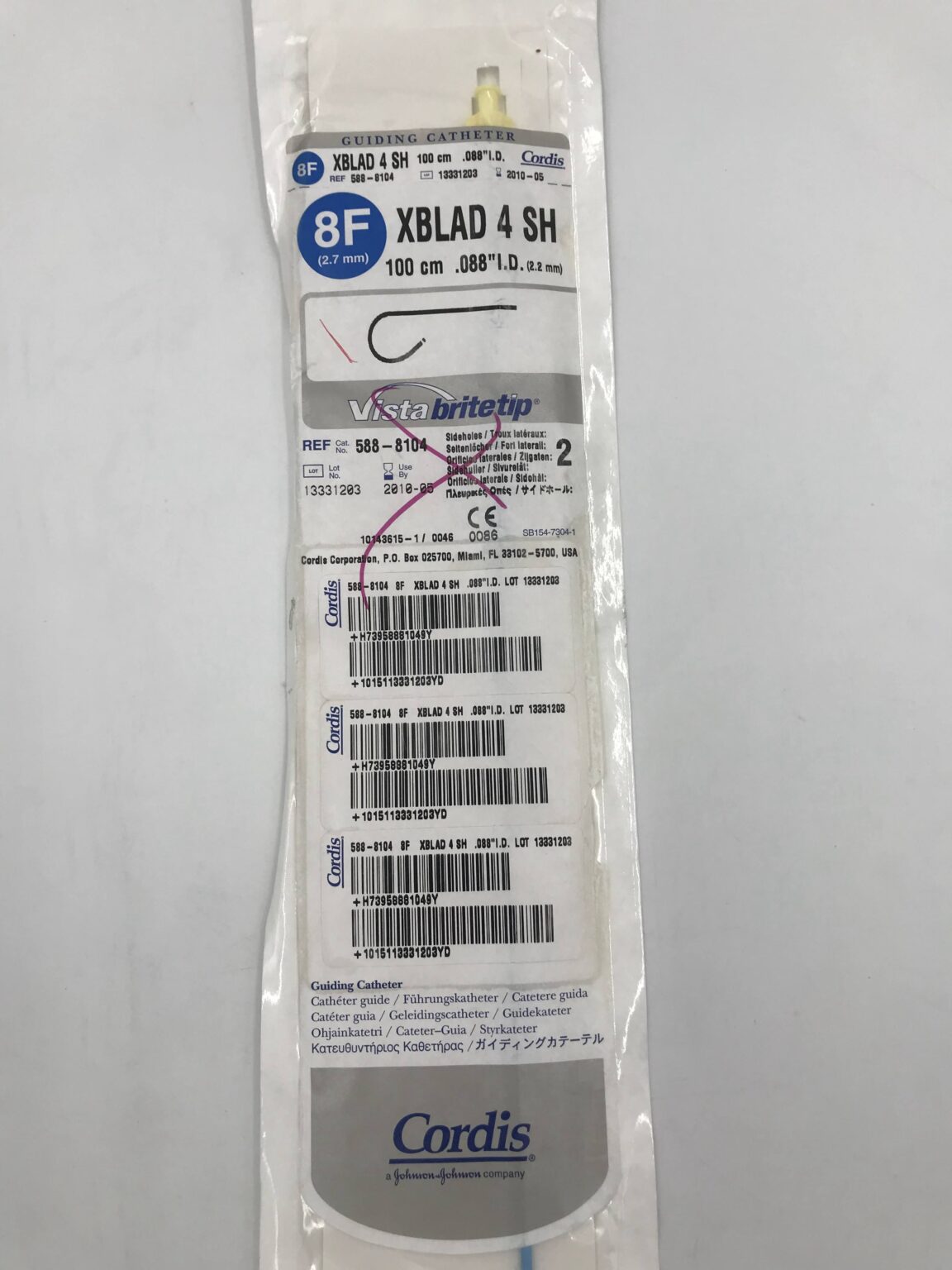 CORDIS 588-8104 VistaBriteTip Guiding Catheter XBLAD 4 SH 8F 100cm