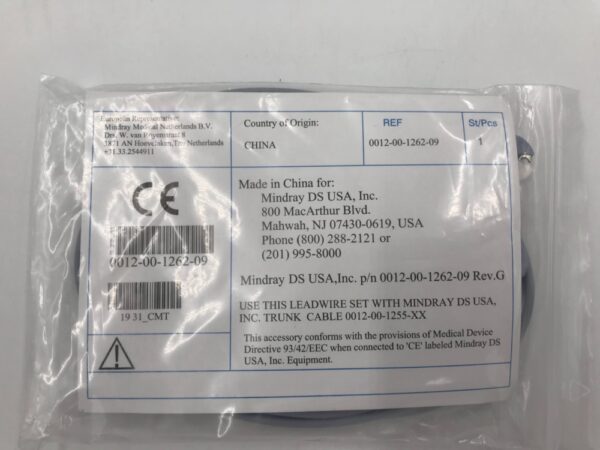 Mindray 0012-00-1262-09 Leadwire Set Use W/Mindray DS USA Trunk Cable 0012-00-1255-XX