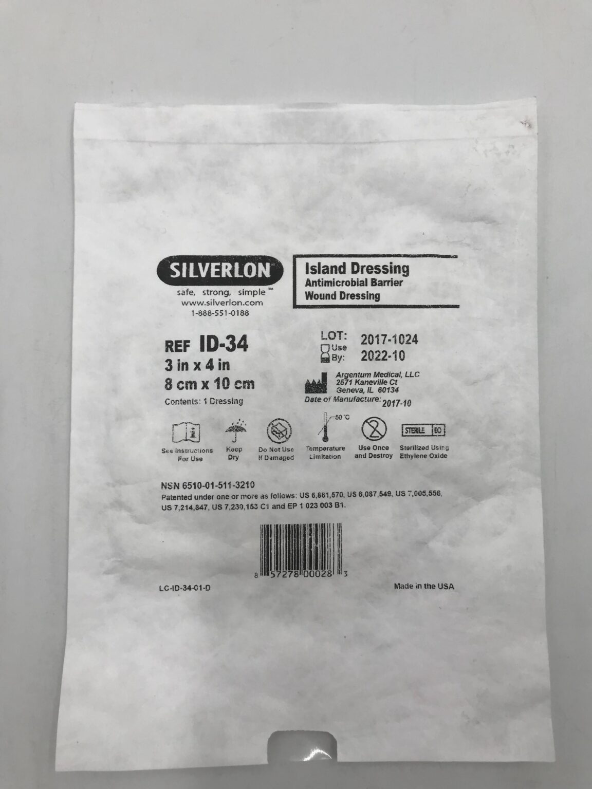 Argentum Medical ID-34 Silverlon Island Dressing Antimicrobial Barrier  Wound Dressing 3in x 4in (X) - GB TECH USA