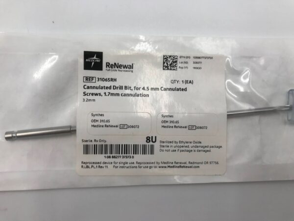 SYNTHES 310.65 Cannulated Drill Bit for 4.5 Cannulated Screws, 1.7mm cannulation (Reprocessed Medline)(X)