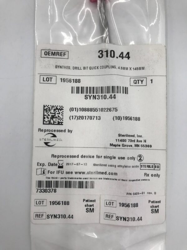 SYNTHES 310.44 Drill Bit Quick Coupling 4.5mm x 145mm (Reprocessed Sterilmed)(X)