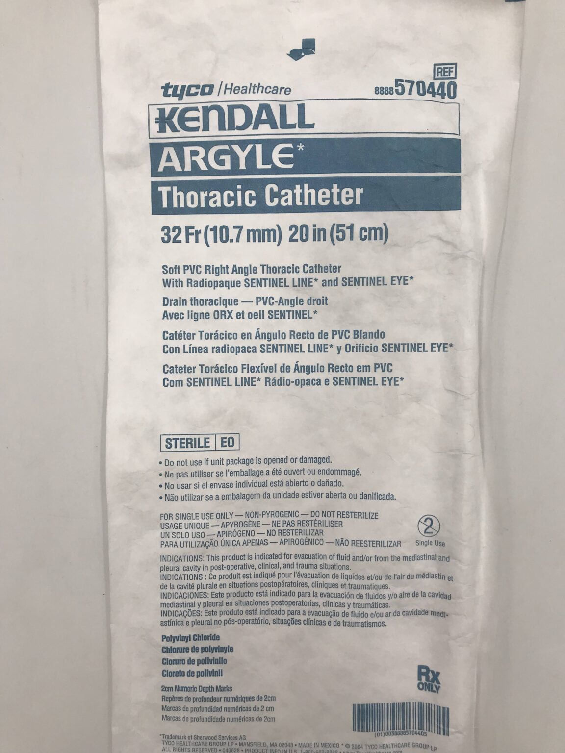 TYCO/COVIDIEN 570440 Kendall Argyle Thoracic Catheter 32F x 20in
