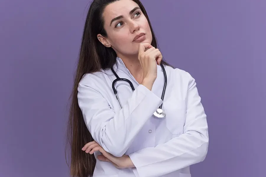Young female doctor in lab coat with stethoscope, thinking and looking up.