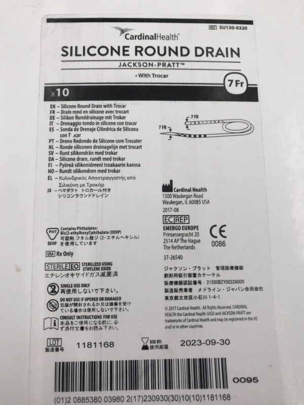 Cardinal Health SU130-0320 Jackson-Pratt Silicone Round Drain with Trocar 7Fr (10/Box)