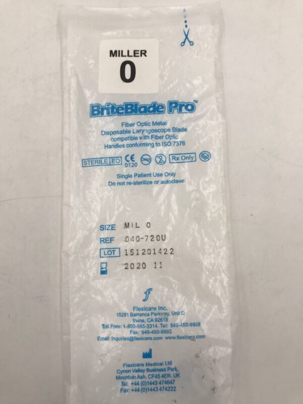 Flexicare 040-720U BriteBlade Pro Fiber Optic Metal Disposable Laryngoscope Blade Mil 0 (X)