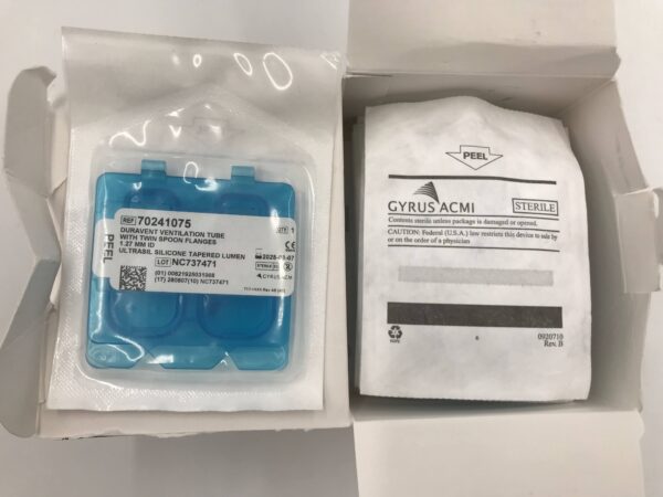 Gyrus 70241075 Duravent Ventilation Tube with Twin Spoon Flanges 1.27mm=I.D. Ultrasil Silicone Tapered Lume (6/Box)