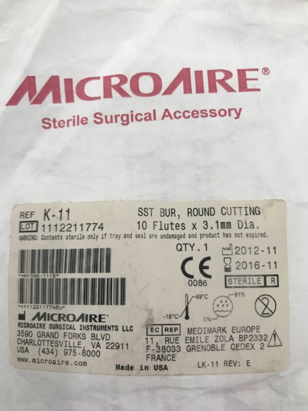MicroAire K-11 SST Bur, Round Cutting 10 Flutes x 3.1mm Dia. (X)