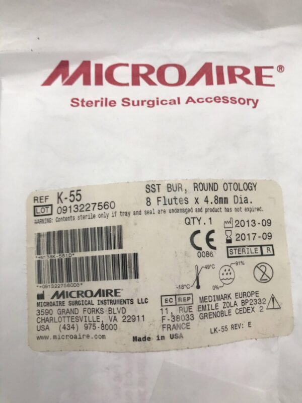 MicroAire K-55 SST Bur, Round Otology 8 Flutes x 4.8mm Dia. (X)