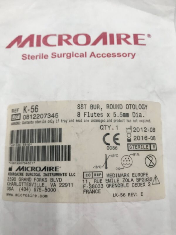 MicroAire K-56 SST Bur, Round Otology 8 Flutes x 5.5mm Dia. (X)