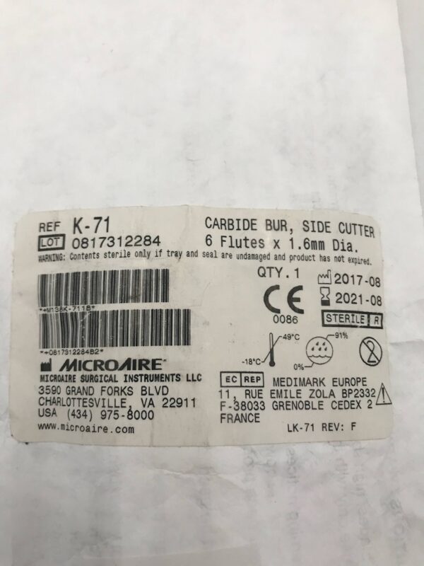 MicroAire K-71 Carbide Bur, Side Cutter 6 Flutes x 1.6mm Dia. (X)