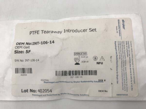 Galt INT-106-14 PTFE Tearaway Introducer Set 5F (Reprocessed By Stryker) (X)
