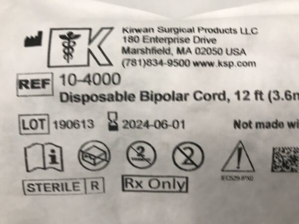 Kirwan 10-4000 Disposable Bipolar Cord, 12ft