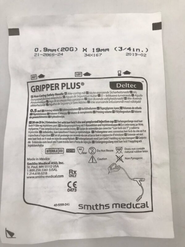 SMITHS MEDICAL 21-2865-24 Deltec Gripper Plus Non-Coring Safety Needle w/Luer Lock Y-Site (X)