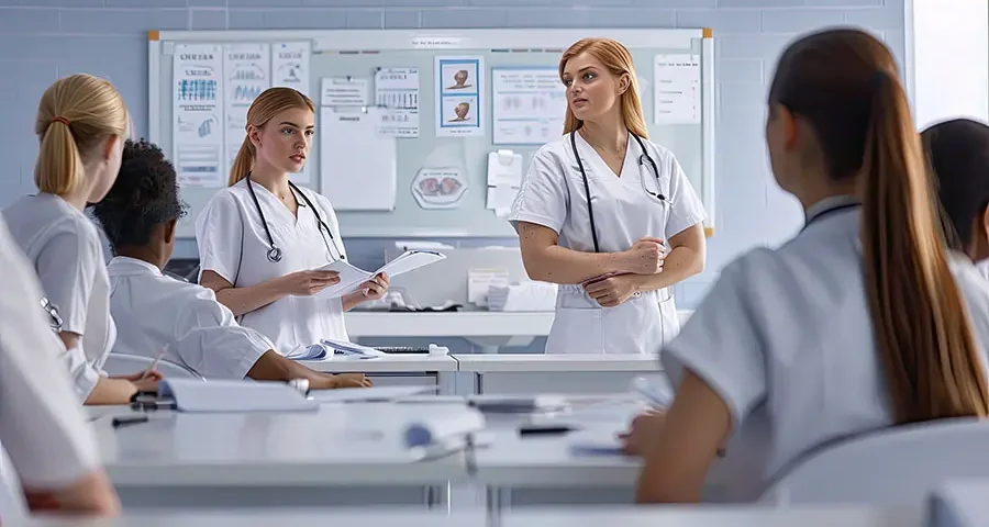 Nursing students learning in a classroom with medical equipment.