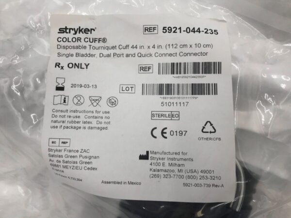 STRYKER 5921-044-235 Color Cuff Disp. Tourniquet Cuff Single Bladder Dual Port & Quick Connect Connector 44x4in (X)