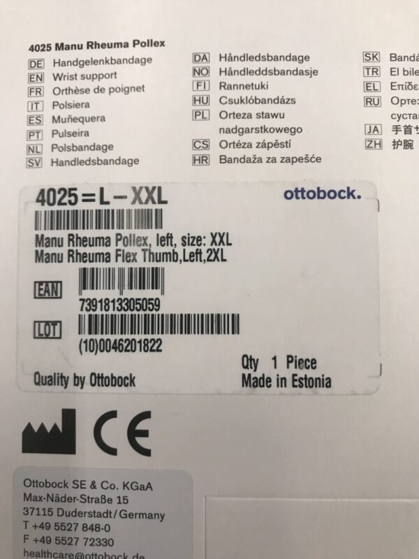 OTTOBOCK 4025 Manu Rheuma Pollex Wrist Support Beige XXL Left w/Flex Thumb
