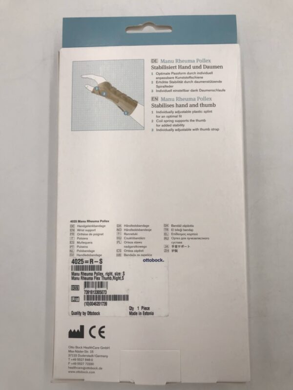 OTTOBOCK 4025Manu Rheuma Pollex Wrist Support Beige S Right w/Flex Thumb
