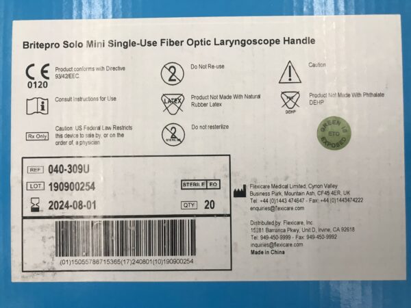 Flexicare 040-309U BritePro Solo Mini Single-Use Fiber Optic Laryngoscope Handle (20/Box)