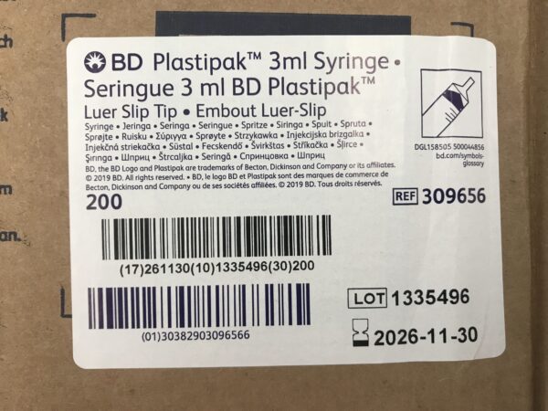 BD 309656 Plastipak 3ml Syringe Luer Slip Tip (200/Box)