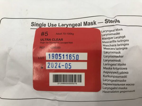 Aes Inc. 1036050 Single Use Laryngeal Mask #5 Ultra Clear Adult 70-100kg