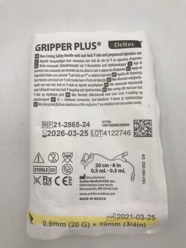 Smiths Medical 21-2865-24 Gripper Plus Deltec Non-Coring Safety Needle with Luer Lock Y-Site and Prepierced Injection Cap