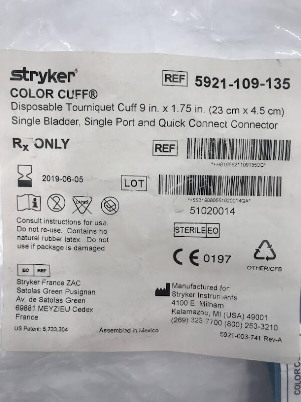 STRYKER 5921-109-135 Color Cuff Disp. Tourniquet Cuff Single Bladder/Single Port & Quick Connect Connector 9x1.75in (X)