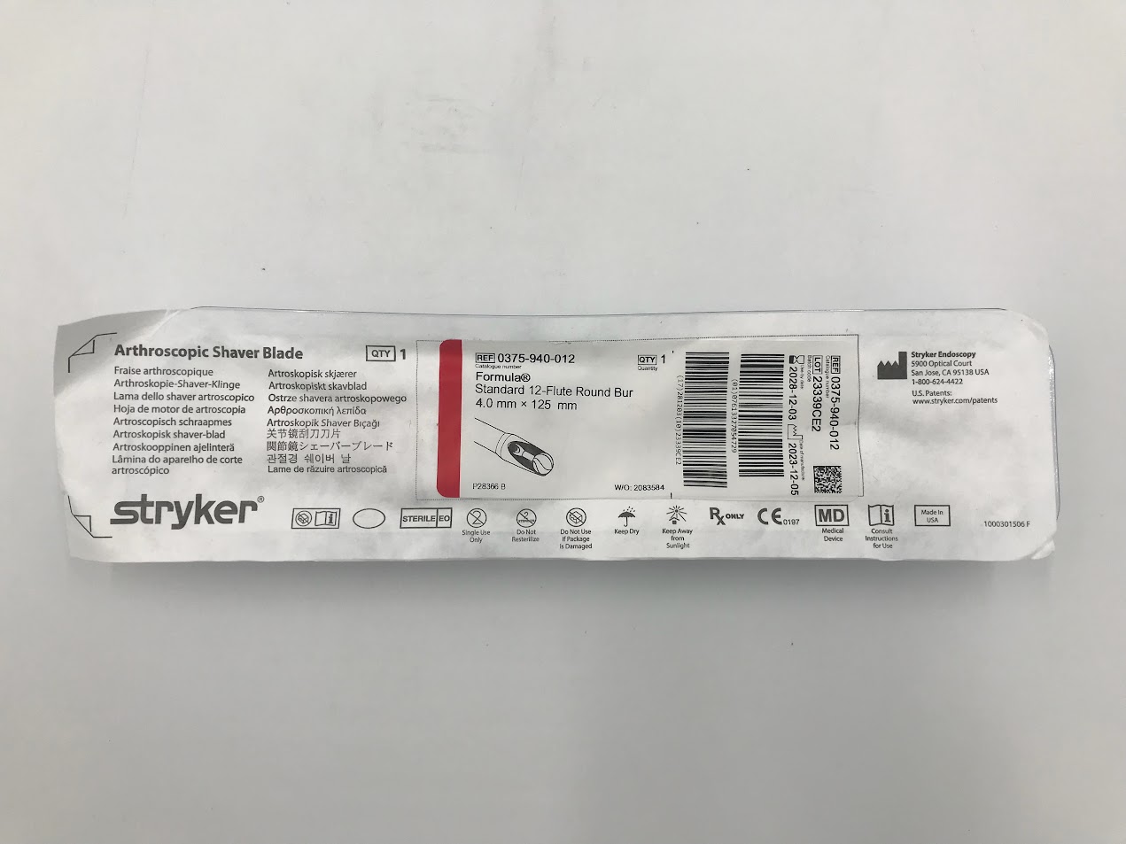 STRYKER 0375-940-012 Formula Standard 12-Flute Round Bur 4mm x 125mm