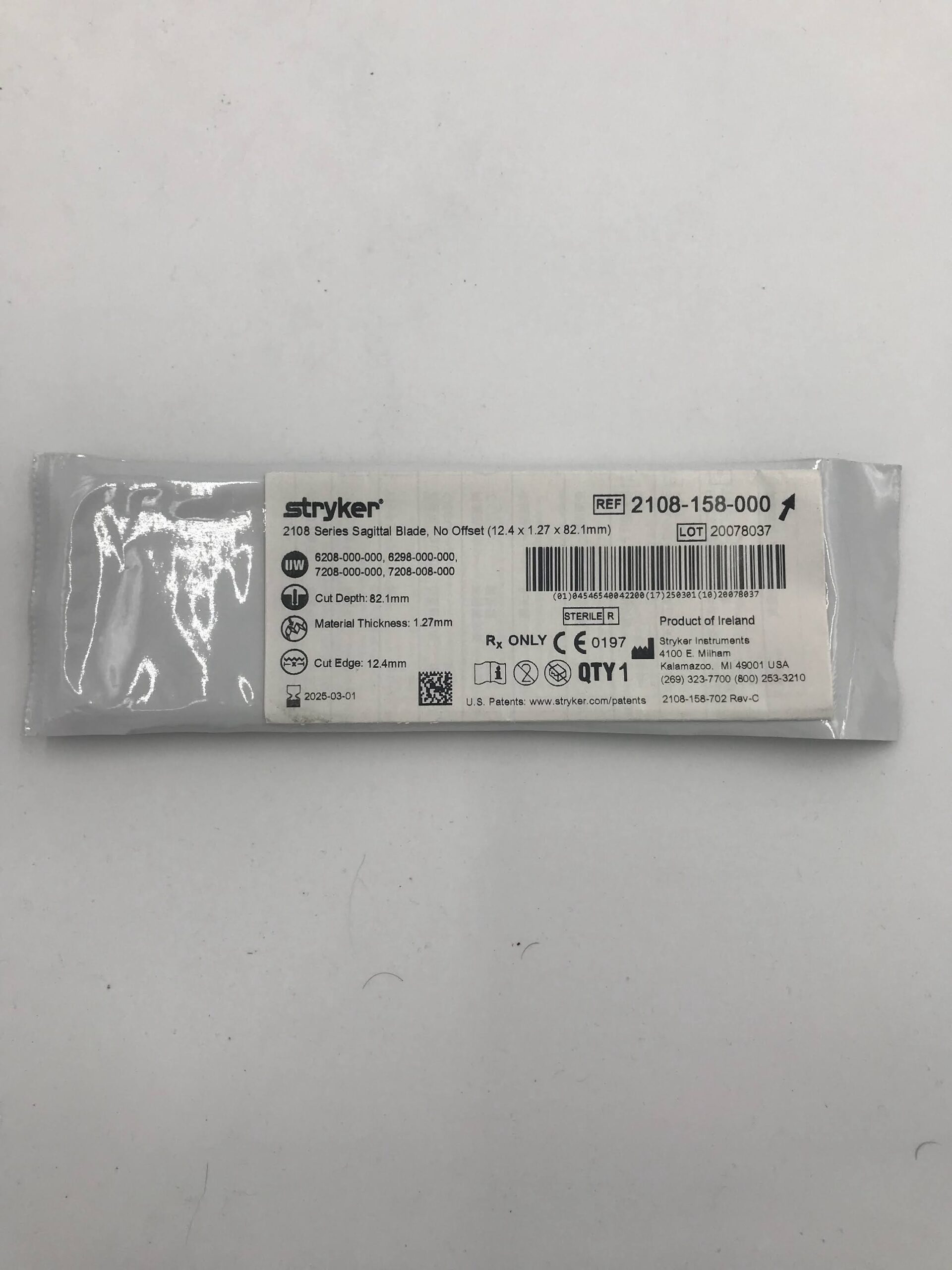 STRYKER 2108-158-000 Sagittal Blade 12.4 x 1.27 x 82.1mm (X)