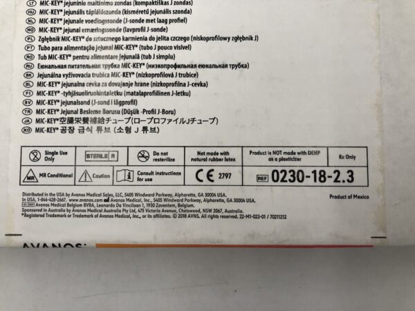 Avanos 0230-18-2.3 Mic-Key* Jejunal Feeding Tube Low-Profile J-Tube 18Fr (X)