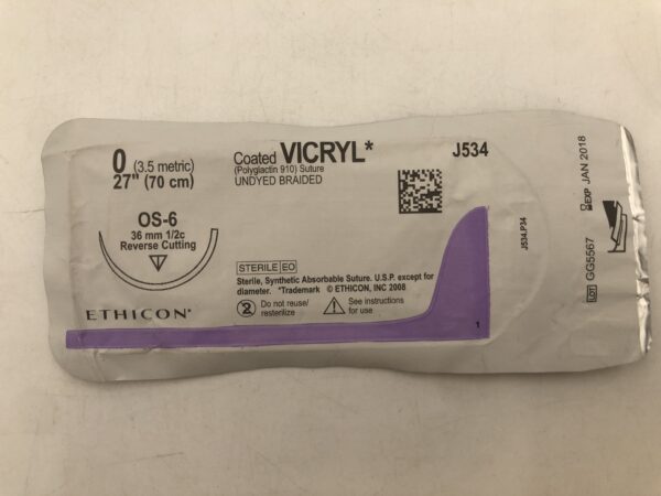 Ethicon J534 Vicryl Coated Suture Undyed Braided 0 27" OS-6 36mm Reverse Cutting (X)