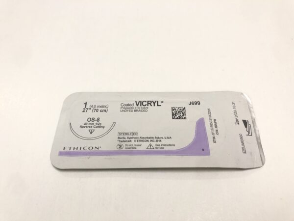 Ethicon J699 Vicryl Coated Suture Undyed Braided 1 27" OS-8 40mm Reverse Cutting (X)
