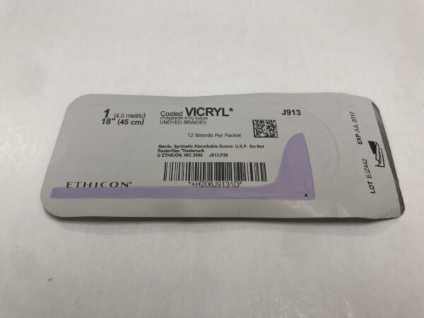 Ethicon J913 Vicryl Coated Suture Undyed Braided 1 18", 12 Strands Per Packet (X)