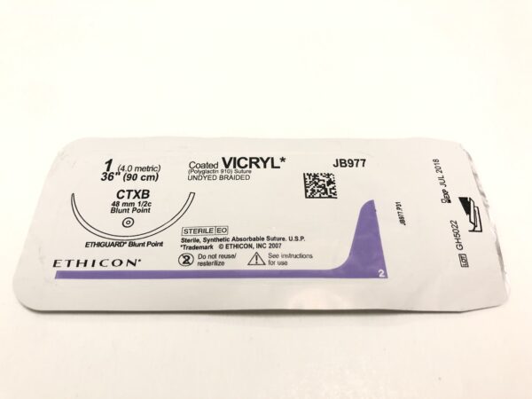 Ethicon JB977 Vicryl Coated Suture Undyed Braided 1 36" CTXB 48mm Blunt Point EthiGuard (X)