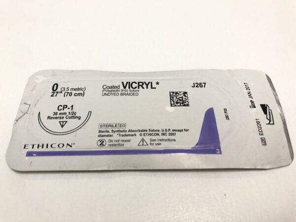 Ethicon J267 Vicryl Coated Suture Undyed Braided 0 27" CP-1 36mm Reverse Cutting (X)