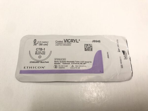 Ethicon JB946 Vicryl Coated Suture Undyed Braided 0 36" CTB-1 36mm Blunt Point Ethiguard (X)