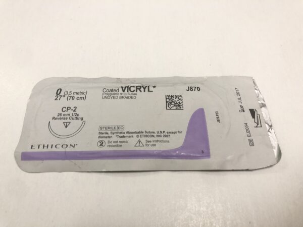 Ethicon J870 Vicryl Coated Suture Undyed Braided 0 27" CP-2 26mm Reverse Cutting (X)