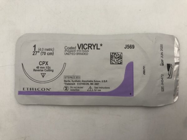 Ethicon J569 Vicryl Coated Suture Undyed Braided 1 27" CPX 48mm Reverse Cutting (X)